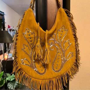 Yellow Fringed Hobo Bag with Silver Studs & Grommets and Embroidered Detailing